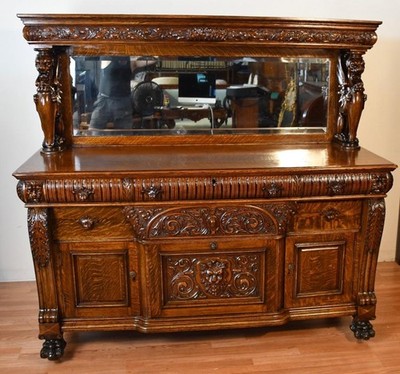 1890s Antique RJ Horner Tiger Oak carved winged Griffin Server