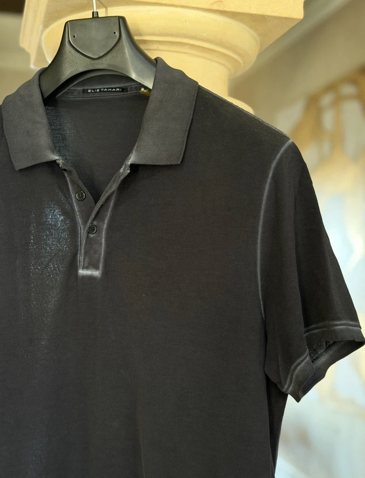 Elie Tahari Textured Black Collar Mens Polo, Cool Whitewash Effect, MINT, Medium - Image 3 of 4