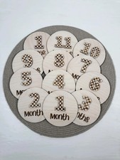 Checkered Engraved Wooden Baby Milestones - 1 Month to 1 Year - Baby Shower Gift