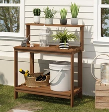Furinno Tioman Outdoor Potting Bench Garden Workstation with Shelves Hardwood
