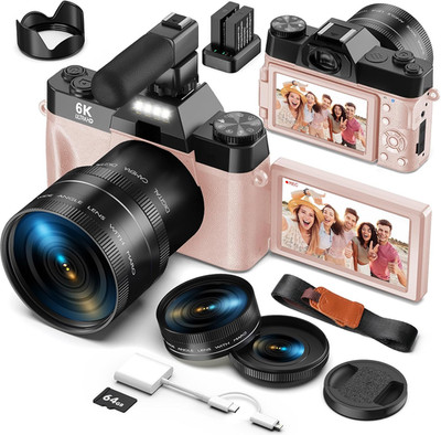 Digital Cameras for Photography and Vlogging, 6K 64MP Flip Screen, Dual Lens, Mi