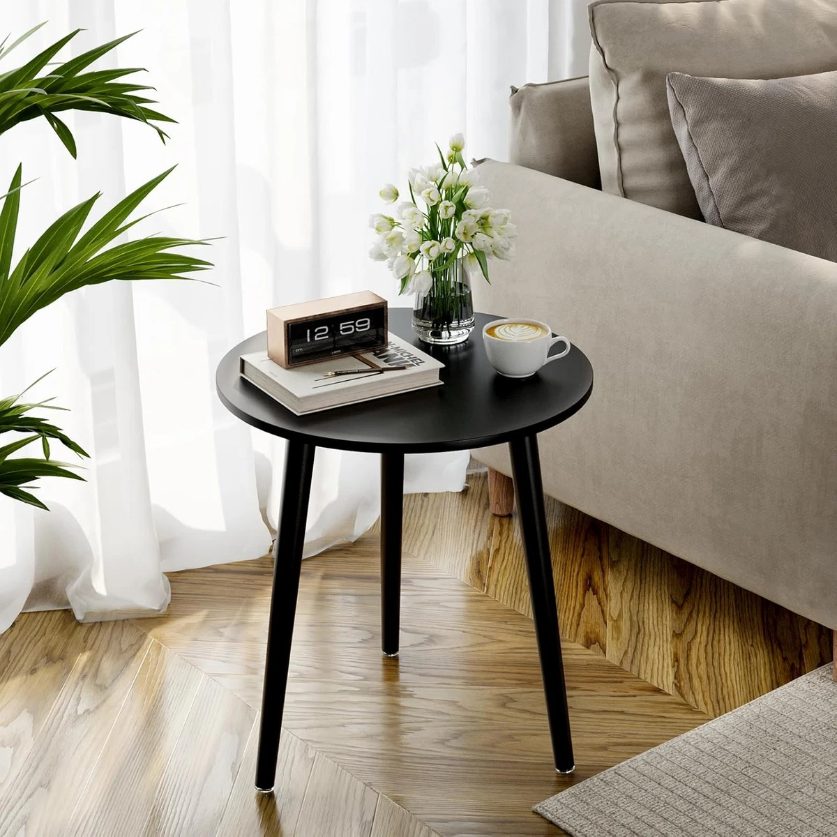 Set Di 2 Tavolini Rotondi In Metallo Nero | Stile Retrò Con Colonna Intagliata | Comodino O Tavolino Da Caffè