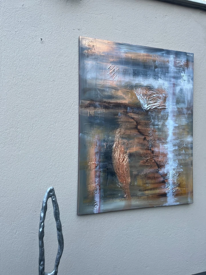 abstraktes Acrylbild 90x70 Gemälde Original Collage Malerei Kunst Art Bronze - Bild 3 von 4