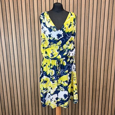 BCBG Max Azria Kleid gelb blau geblümt Größe Large knielang Stretch UK 14-16