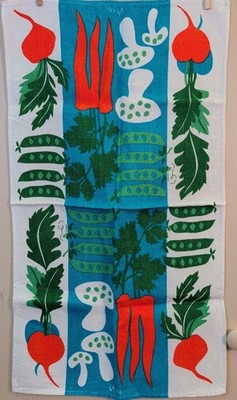 VTG 60s Vera Neumann Linen Tea Towel Blue Green Orange Vegetables Carrots Peas