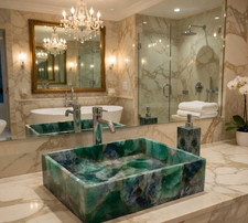 Green Fluorite Vessel Sink, Rectangular Gemstone Bathroom Sink, Handcrafted sink