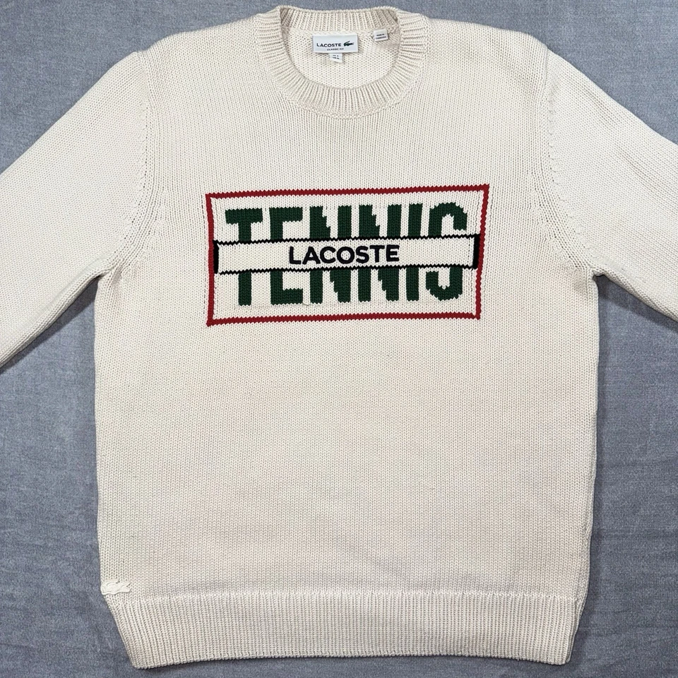 Suéter Tenis Lacoste Para Hombres Medio Cable Tejido Cuello Redondo Hechizo Retro RARO Foto 3 de 4