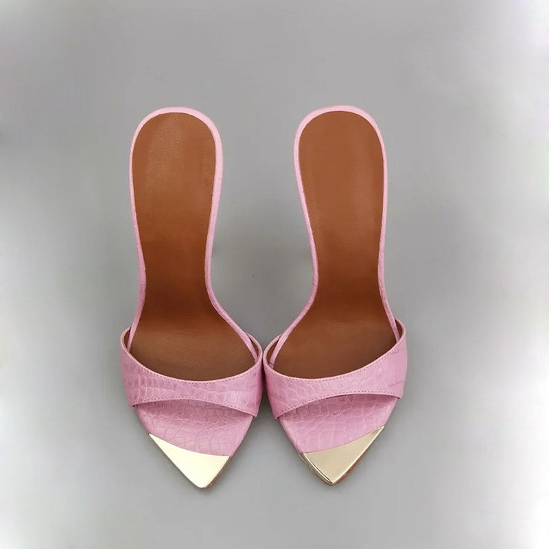 Zapatillas para mujer de tacón alto con puntera de metal abierta y grietas sandalias deslizables zapatos de vestir