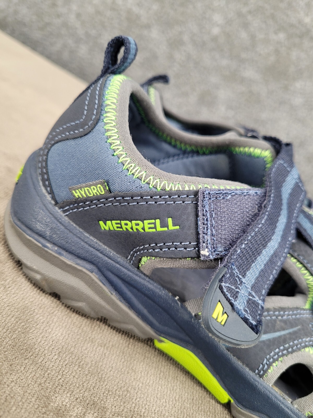 Sandali Merrell Hydro Hiker ragazzi 2 M punta berretta gancio e anello in pelle blu tessuto