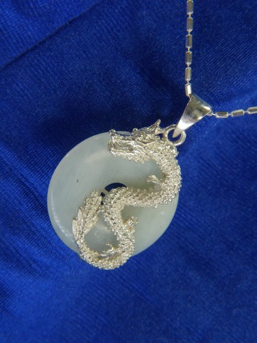 DRAGON LIGHT GREEN QUARTZ 1 1/2" Sterling Silver 0.925 Estate 16" CHAIN NECKLACE - Picture 8 of 9