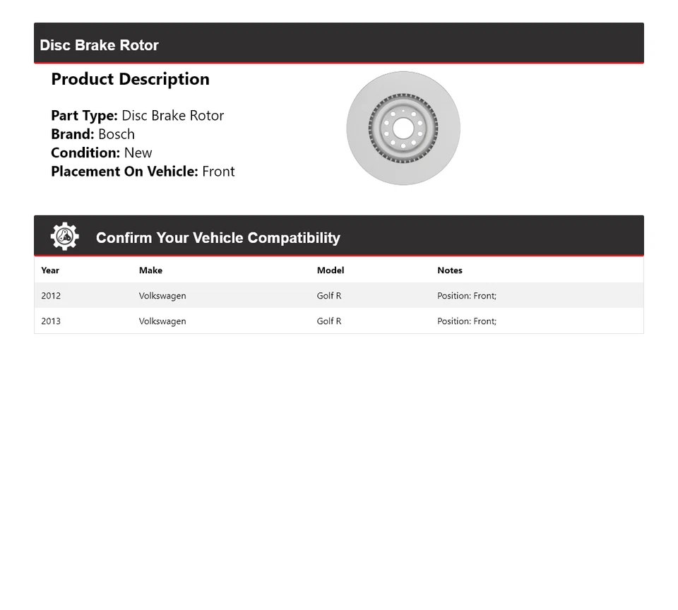 For 2012-2013 Volkswagen Golf R Bosch QuietCast Disc Brake Rotor Front - Imagem 2 de 4