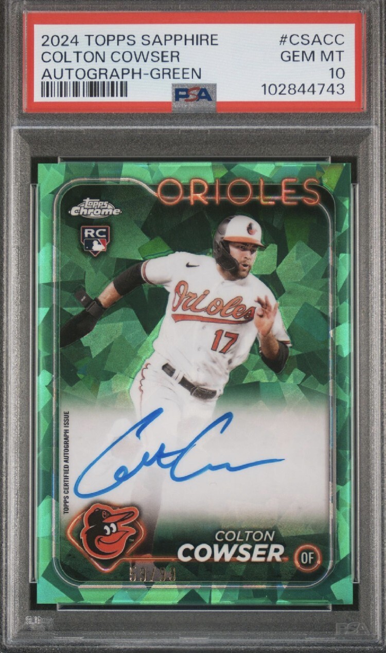 2024 Topps Chrome Sapphire Colton Cowser Green Auto 69/99 PSA 10