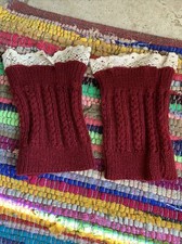 Burgundy Red Chunky Sweater Knit Crochet Boot Socks Cozy Fall Boho Lace Details