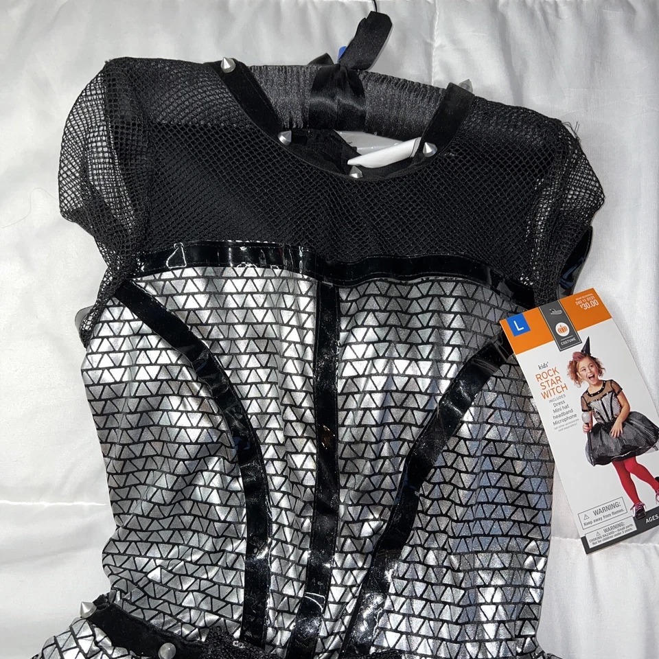 NWT Girl’s Rockstar Witch Halloween Costume LARGE 10/12 Black Sparkly Metallic - Image 2 of 4