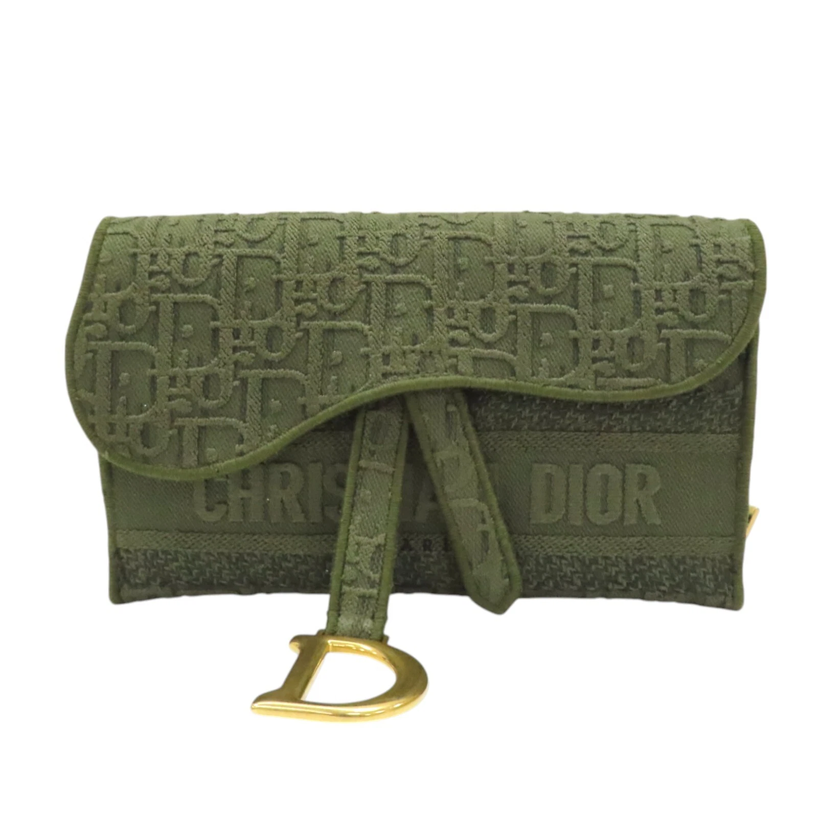 Pochette ceinture fine selle Dior vert brodé toile oblique