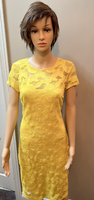 bebe yellow lace dress BEBE Yellow Lace Short￼-sleeve Dress with Built-in slip. SzL
