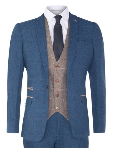 Marc Darcy Hombre Azul Traje Tweed 3 Pieza Espiguilla Cuadros a Medida  Vintage | eBay