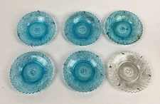 6 Antique Sandwich Duncan Miller lacy glass lamp Bobeches blue clear EAPG