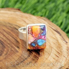 Kingman Pink Dahlia Turquoise 925 Sterling Silver Handmade Ring for Women