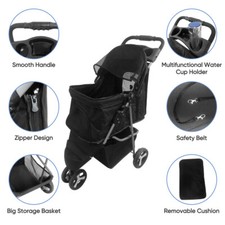 3-Wheel Foldable Pet Stroller Dog Stroller Cart w/Comfortable Pads  Cup Holder