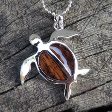 Hawaiian Jewelry Koa Wood Honu Sea Turtle Rhodium Plated Brass Pendant BRP1112