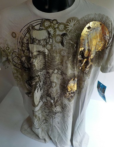 BRAD BUTTER Beige Crewneck T Shirt Metallic Gold Skulls SZ XL 100% Cotton NWT