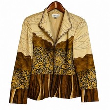 Coldwater Creek Faux Suede Western Floral Tapestry Blazer Jacket Tan Brown 12