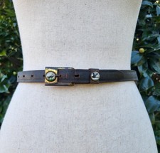 Vintage Essex Crystal Hunting Dog  Bird Blac Leather Belt Hand-painted 34" Long