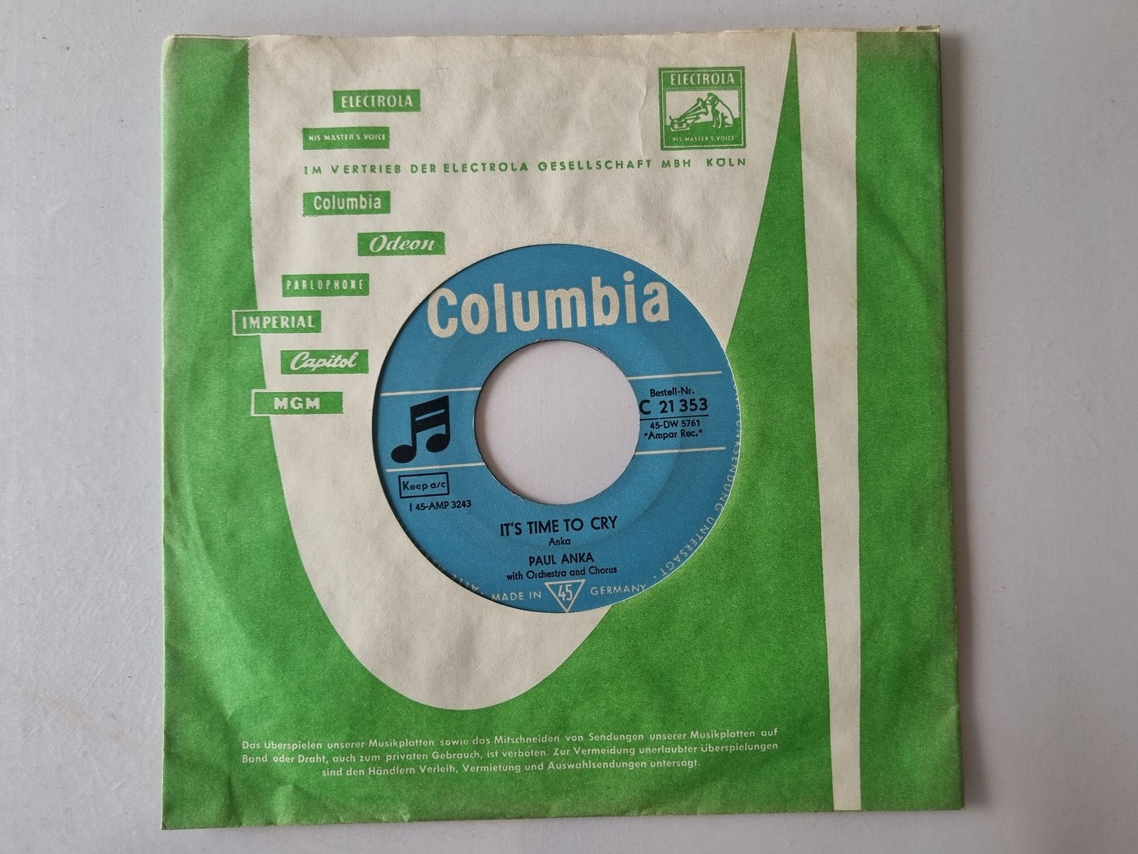 Paul Anka - It's time to cry/ Something has changed me 7'' Vinyl Germany