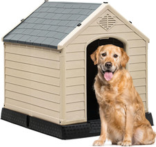 Plastic Dog House, Waterproof Indoor Outdoor Doghouse for Large or Small Dog, wi