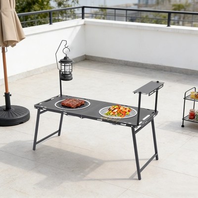 Camping Kitchen Table Folding Portable Grill Table 2*Grill Racks BBQ Table