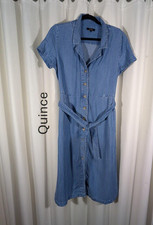 Quince Women Chambray Tencel Button Front Dress, Belted, Short Sleeve, Blue Sz S