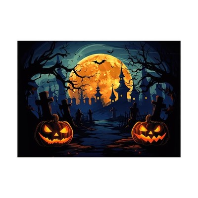7X5FT Halloween Photography Backdrop Spooky Night Scene with Full Moon Gravey...