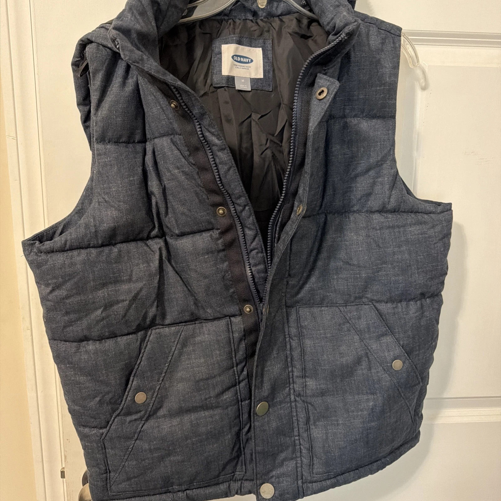 Old Navy Men's Blue Medium Vest Zip/Snap Hooded Snap Pockets NWOT 4001