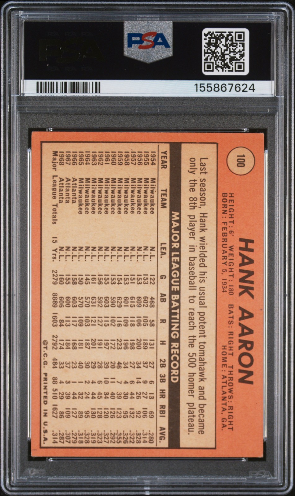 1969 TOPPS #100 HANK AARON PSA 4 view 2