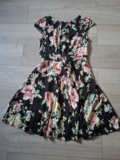 Dorothy Perkins Black Floral Flared Dress Back Lace Panel Party Retro Boho UK14