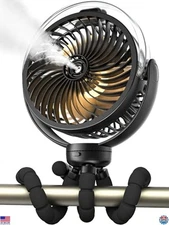 Portable Misting Stroller Fan, 6000mAh Battery, 360° Pivot, Flexible Tripod