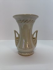 Vintage KASS Pottery Double Gold Handled Iridescent Ivory Vase Made In USA