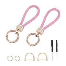 2 Pcs Weave Keychain Ring Braided Rope Leather Keychain Pink/Gold 