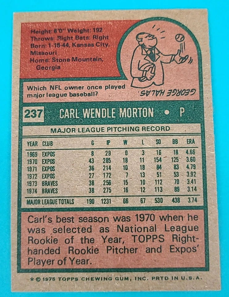1975 Topps #237 Carl Morton Atlanta Braves Baseball Card P5 - Image 2 of 2