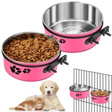 Pink Kennel Bowls Mountable Stainless Steel Crate Bowls No Spill Hanging Kenn...
