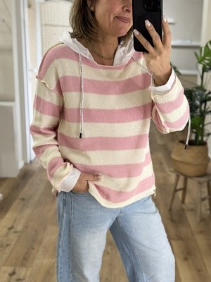 Oversized Strickpullover Blockstreifen Rosa Cremeweiß Onesize  (N2)