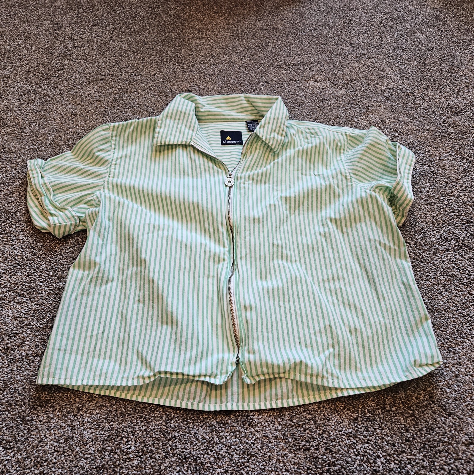 Liz Sport White with Green Stripes Short Sleeve Shirt Women S. Momcore,  80/90s.