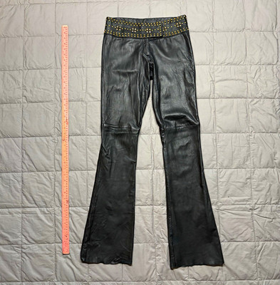 Cache Women's Black 100% Lamb Leather Studded Low Rise Flare Pants Size 2