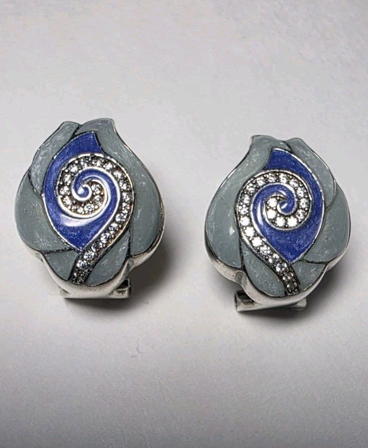 Solid Sterling Silver 925  Double Blue Enamel Swi… - image 1