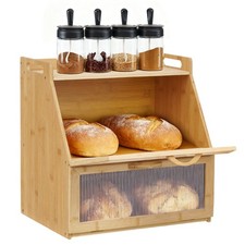 2 Tier Bamboo Bread Bin Double Layer Kitchen Storage Container Loaf Bread Box UK