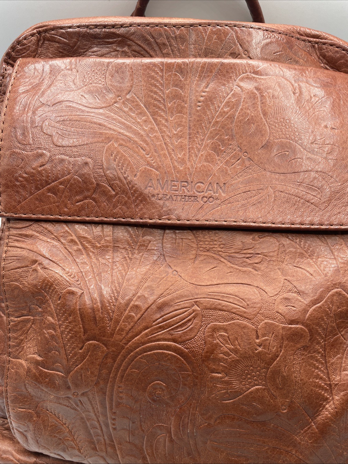 American Leather Co Brown Backpack Embossed Tooled Leather Backpack Purse