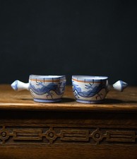 Pair Tintagel Studio Pottery Bowls Dragon Design Handled Blue