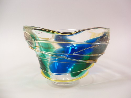Hand Blown Art Glass Hankerchief Blue Gold Bowl by Laura & Scott Curry 1992 - Picture 15 of 18