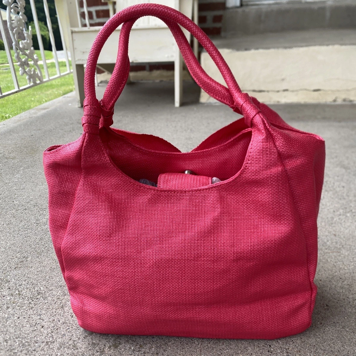 Avon Pink Fuchsia Woven Straw Look Pink Bag Handbag Tote NWOT